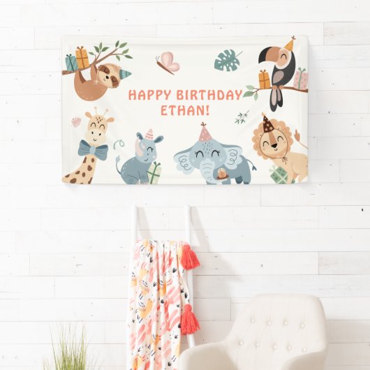 かわいいサファリパーティー動物子供の誕生日 横断幕