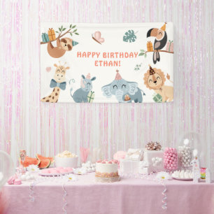 かわいいサファリパーティー動物子供の誕生日 横断幕