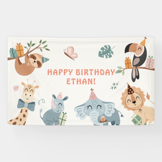 かわいいサファリパーティー動物子供の誕生日 横断幕 (横)