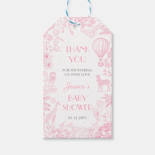 かわいいサファリピンクドゥジュエブルーベビーシャワー ギフトタグ (正面)