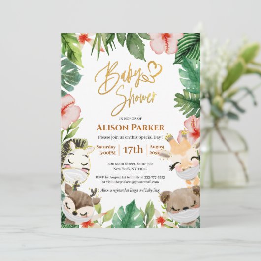 かわいいサファリピンクフローラ緑のベビーガールシャワー 招待状 (スタンド正面)