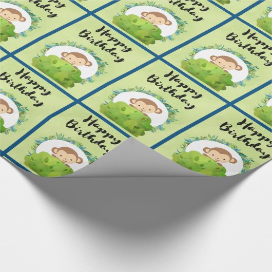 かわいいサファリモンキーハッピーバースデーパターン ラッピングペーパー (コーナー)