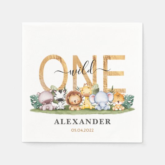 かわいいサファリワイルドワン1歳の誕生日ナプキン スタンダードカクテルナプキン (正面)