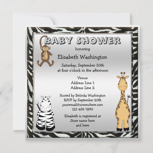 かわいいサファリ動物たちが中立の銀のベビーシャワー 招待状 (裏面)
