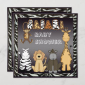 かわいいサファリ動物たちのニュートラルベビーシャワー 招待状 (正面/裏面)