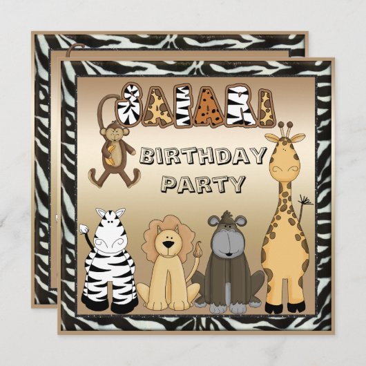 かわいいサファリ動物のシックな誕生会 招待状 (正面/裏面)