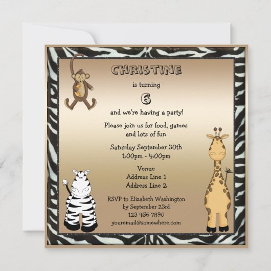 かわいいサファリ動物のシックな誕生会 招待状 (裏面)