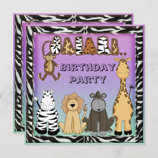 かわいいサファリ動物のシックな誕生会 招待状 (正面/裏面)