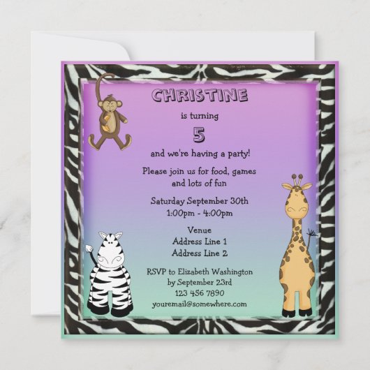 かわいいサファリ動物のシックな誕生会 招待状 (裏面)