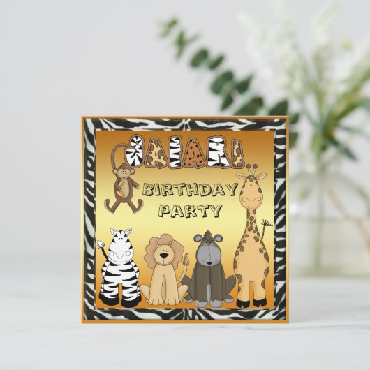 かわいいサファリ動物のシックな金ゴールドの誕生会 招待状 (スタンド正面)