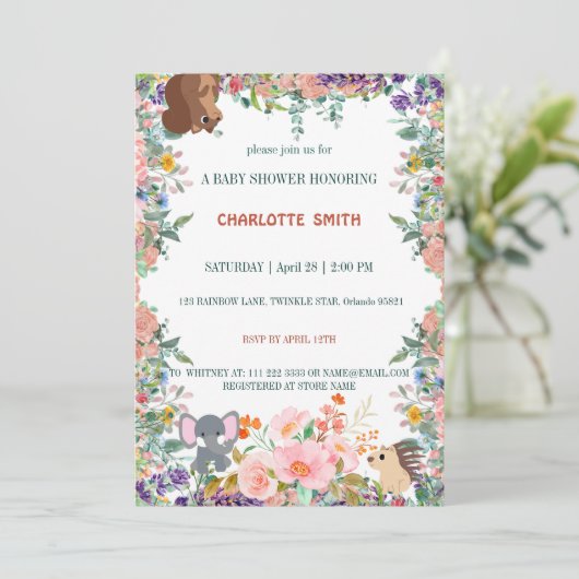 かわいいサファリ動物のジャングルウォーター色の植物 招待状 (スタンド正面)