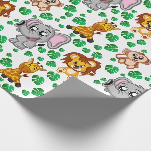 かわいいサファリ動物のジャングル模様誕生日 ラッピングペーパー (角)