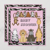 かわいいサファリ動物のピンクの女の赤ちゃんのシャワー 招待状 (正面/裏面)