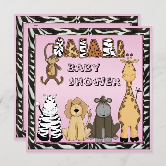 かわいいサファリ動物のピンクの女の赤ちゃんのシャワー 招待状 (正面/裏面)