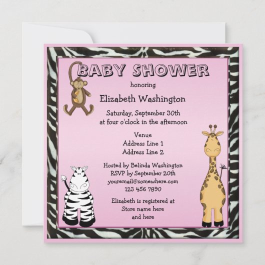かわいいサファリ動物のピンクの女の赤ちゃんのシャワー 招待状 (裏面)