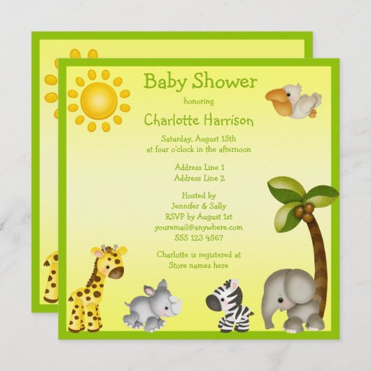 かわいいサファリ動物のベビーシャワー 招待状 (正面/裏面)