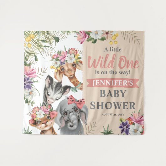 かわいいサファリ動物の女の子のベビーシャワー背景看板 タペストリー (正面(横))