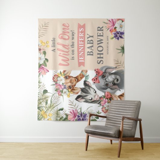 かわいいサファリ動物の女の子のベビーシャワー背景看板 タペストリー (インサイチュ)