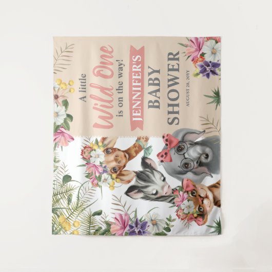 かわいいサファリ動物の女の子のベビーシャワー背景看板 タペストリー (正面)