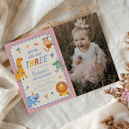 かわいいサファリ動物の女の子の3歳の誕生日の写真 招待状