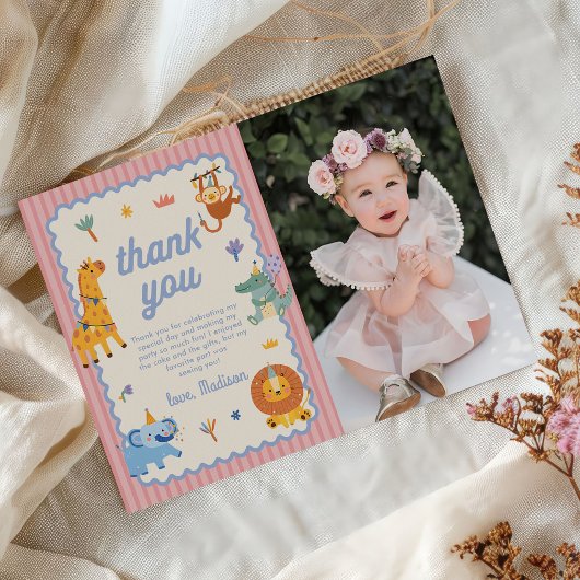 かわいいサファリ動物の女の子1歳の誕生日写真 サンキューカード