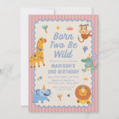 かわいいサファリ動物の女の子2歳の誕生日 招待状 (正面)