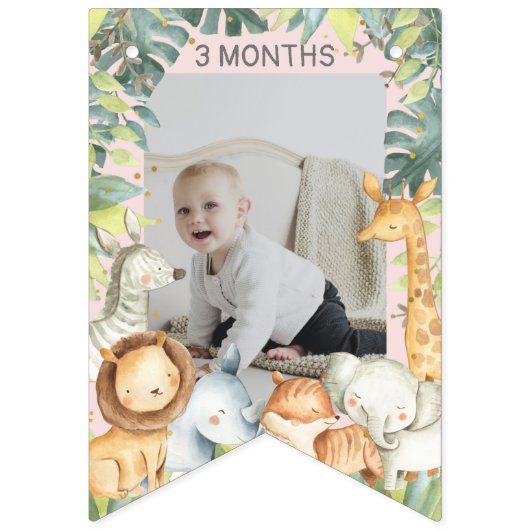 かわいいサファリ動物の少女の誕生日の写真 バンティングフラッグ (第2の旗)