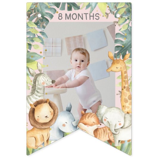 かわいいサファリ動物の少女の誕生日の写真 バンティングフラッグ (第3の旗)