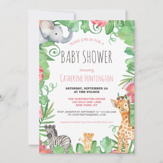 かわいいサファリ動物の局所フローラ赤ちゃんシャワー 招待状 (正面)