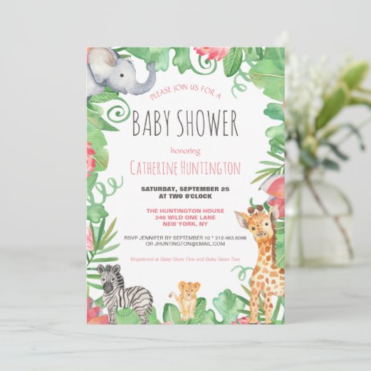 かわいいサファリ動物の局所フローラ赤ちゃんシャワー 招待状 (スタンド正面)