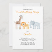 かわいいサファリ動物の最初の誕生日パーティー 招待状 (正面)