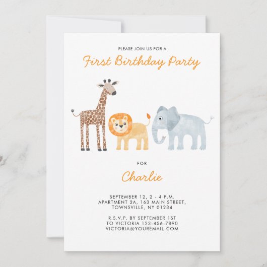 かわいいサファリ動物の最初の誕生日パーティー 招待状 (正面)