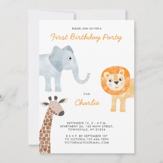 かわいいサファリ動物の最初の誕生日パーティー 招待状 (正面)