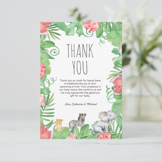 かわいいサファリ動物の熱帯フローラ赤ちゃんシャワー サンキューカード (スタンド正面)