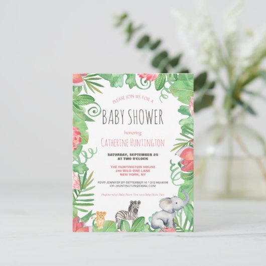 かわいいサファリ動物の熱帯フローラ赤ちゃんシャワー ポストカード (スタンド正面)