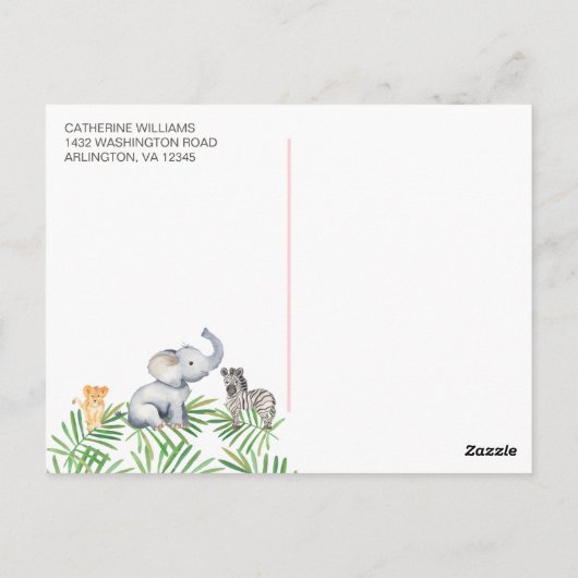 かわいいサファリ動物の熱帯フローラ赤ちゃんシャワー ポストカード (裏面)
