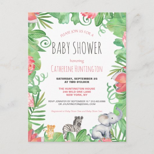 かわいいサファリ動物の熱帯フローラ赤ちゃんシャワー ポストカード (正面)