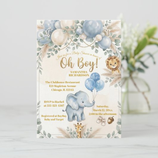 かわいいサファリ動物の緑の男の子ベビーシャワー 招待状 (スタンド正面)