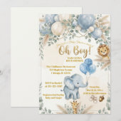 かわいいサファリ動物の緑の男の子ベビーシャワー 招待状 (正面/裏面)