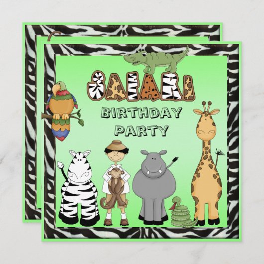 かわいいサファリ動物の誕生会 招待状 (正面/裏面)