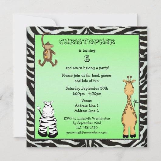 かわいいサファリ動物の誕生会 招待状 (裏面)