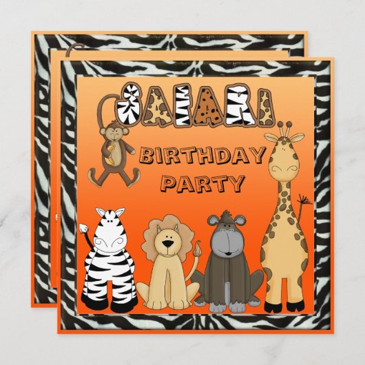かわいいサファリ動物の誕生会 招待状 (正面/裏面)