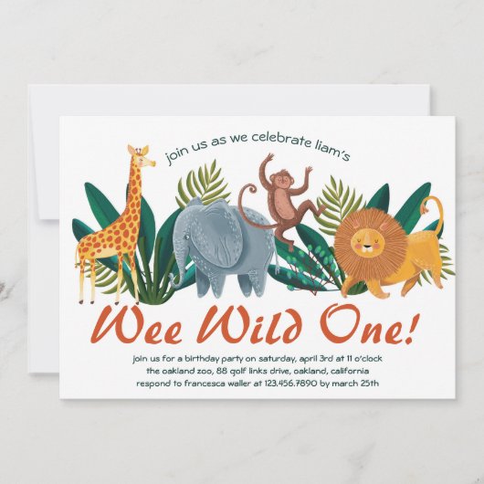 かわいいサファリ動物の誕生日パーティーキッズ 招待状 (正面)