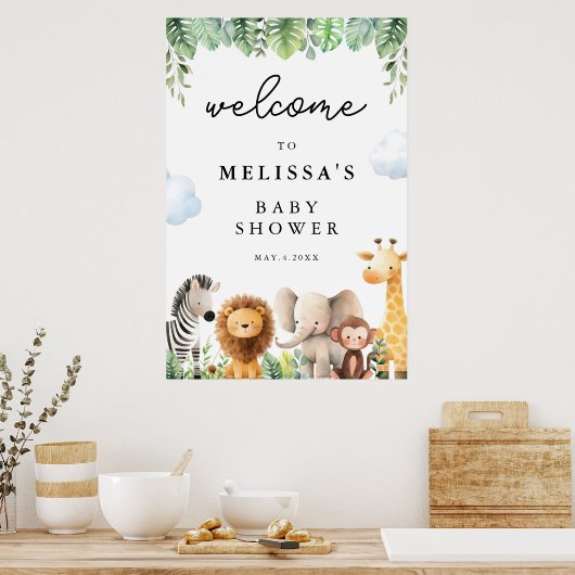かわいいサファリ動物の赤ちゃんシャワーへようこそ ポスター (キッチン)