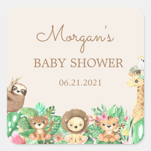 かわいいサファリ動物の赤ちゃんシャワー スクエアシール (正面)
