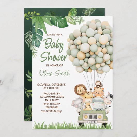 かわいいサファリ動物の赤ちゃんシャワー 招待状 (正面/裏面)