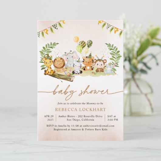 かわいいサファリ動物の赤ちゃんシャワー 招待状 (スタンド正面)