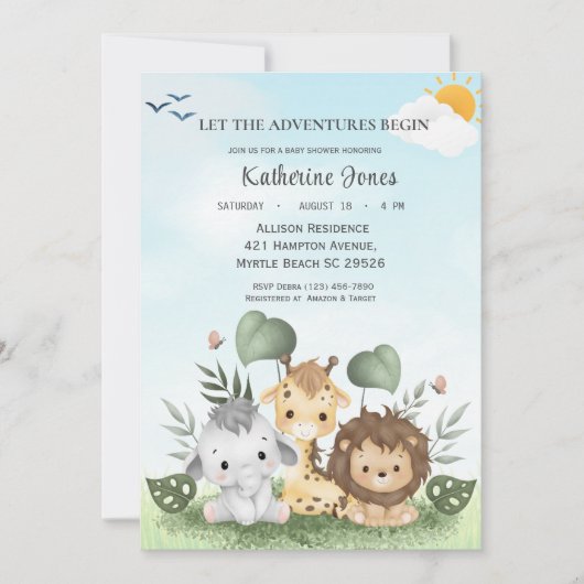 かわいいサファリ動物の赤ちゃんシャワー 招待状 (正面)