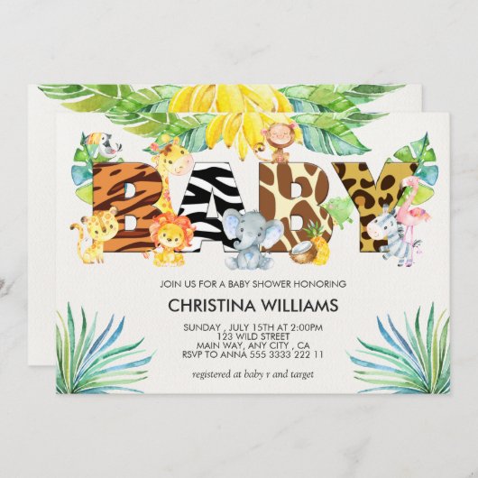 かわいいサファリ動物の赤ちゃんシャワー 招待状 (正面/裏面)