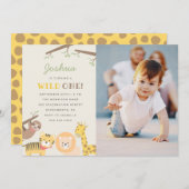 かわいいサファリ動物の野生の1つの写真の誕生日 招待状 (正面/裏面)